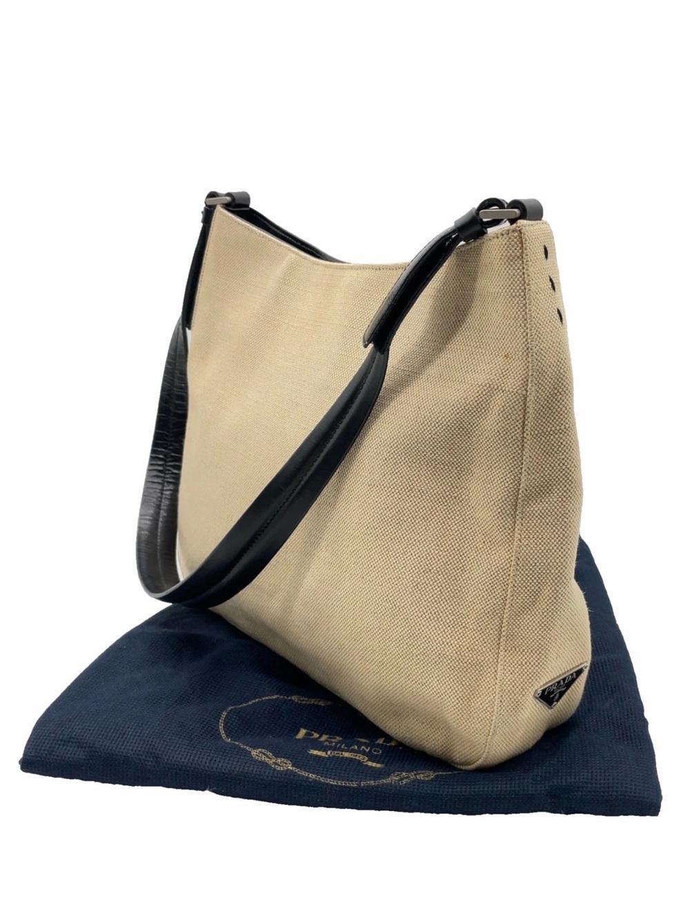 Prada Canvas Leather Beige One Shoulder Bag w/dust bag W29 x H23 x D7(cm)COA